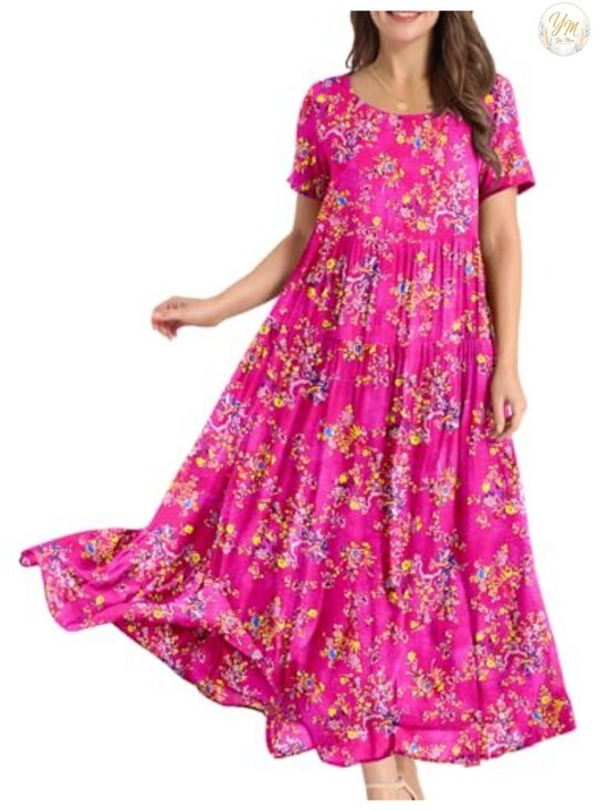 Dresses & Skirts - Womens Floral Maxi Dress Cotton Rayon Bohemian Swing Dress Pockets Casual